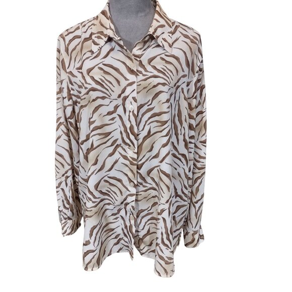 Alfred Dunner Womens Top Brown Zebra Print Textured Button Up Blouse Size 16 - Picture 1 of 6